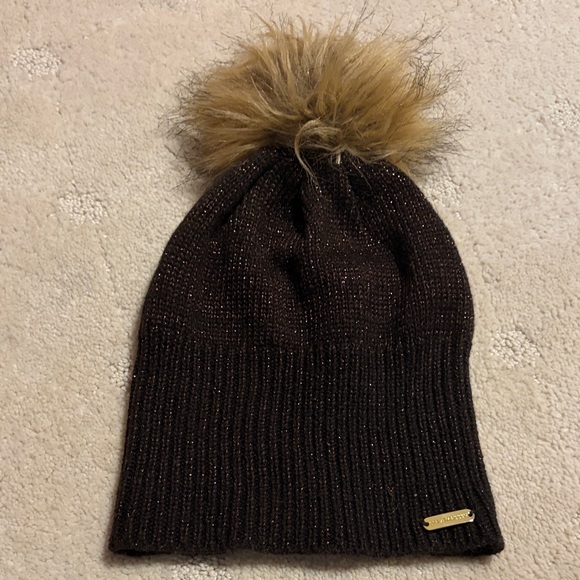 Steve Madden Accessories - New Steve Madden Chocolate Brown Copper Glitter Knit Faux Fur Pom-Pom Beanie